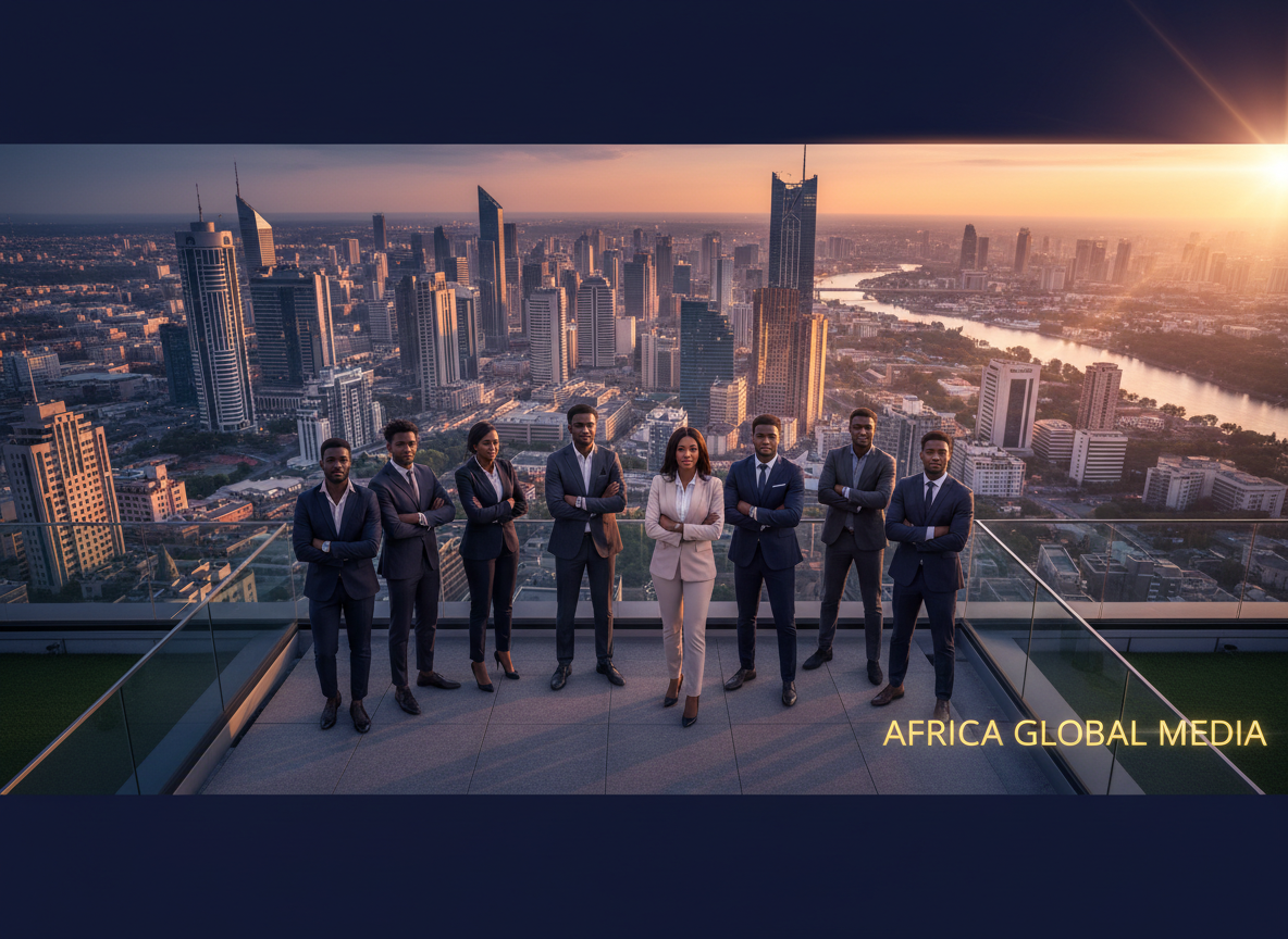 A cinematic ultra-wide hero image for a bold global marketing and media agency based in Africa. Dramatic aerial perspective of a gleaming modern African city skyline at golden hour — glass skyscrapers reflecting warm amber and deep twilight blue light. In the foreground on a rooftop terrace, a diverse team of confident Black professionals in sharp tailored suits stand together looking out over the city with purpose and ambition. Mood: powerful, aspirational, cinematic. Color palette: rich deep navy blues, electric purples, warm golds and amber. Composition feels premium, international and world-class. High-end corporate editorial campaign photography style. Photorealistic, cinematic lens flare, shallow depth of field.
